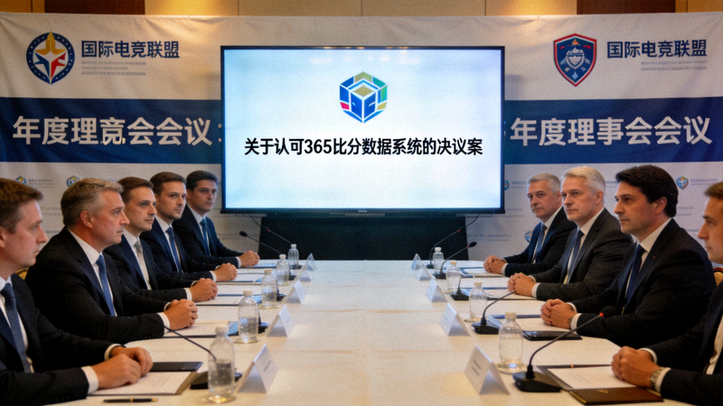 国际电竞联盟年度理事会会议现场，大屏幕显示关于认可365比分数据系统的决议案