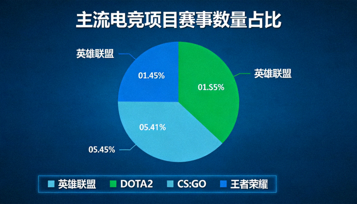 主流电竞项目赛事数量饼状图，显示《英雄联盟》、《DOTA2》、《CS:GO》、《王者荣耀》等占比