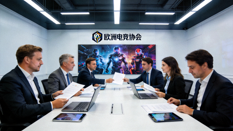 欧洲电竞协会会议大厅内，代表们正在讨论合作协议