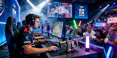 IEM科隆2024赛事现场，CSGO选手正在进行比赛，观众紧张观看