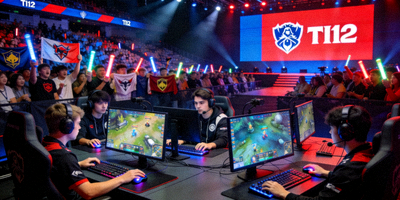 TI12国际邀请赛现场，选手们正在激烈对抗，观众席座无虚席