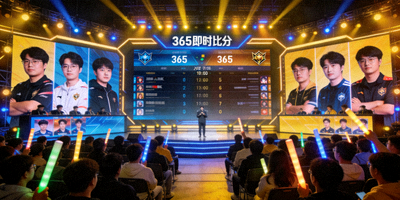 亚洲电竞赛事现场大屏幕显示365即时比分数据，观众正在观看比赛
